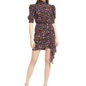 Saylor Black Floral Ruched Puff Sleeve Mock Neck Mini Dress NWT
